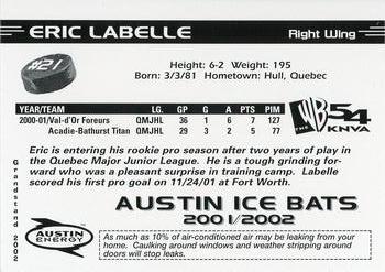 2001-02 Grandstand Austin Ice Bats (CHL) #NNO Eric Labelle Back
