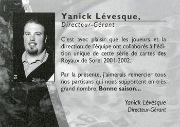 2001-02 Sorel Royaux (QSPHL) #NNO Yanick Levesque Back