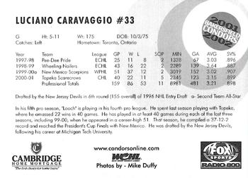 2001-02 Bakersfield Condors (WCHL) #NNO Luciano Caravaggio Back