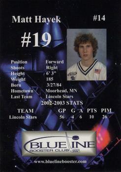 2003-04 Blueline Booster Club Lincoln Stars (USHL) #14 Matt Hayek Back