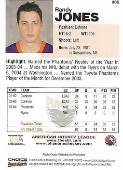 2004-05 Choice Philadelphia Phantoms (AHL) #06 Randy Jones Back