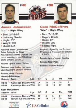 2004-05 U.S. Cellular Portland Pirates (AHL) #12 Cam McCaffrey/Jonas Johansson Back