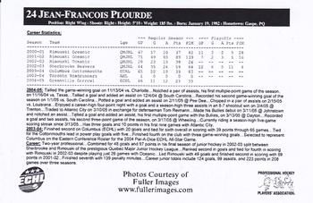2004-05 Copiers Plus Atlantic City Boardwalk Bullies (ECHL) #NNO Jean-Francois Plourde Back