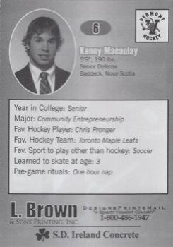 2006-07 L. Brown & Sons Vermont Catamounts (NCAA) #17 Kenny Macaulay Back
