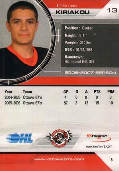 2006-07 Extreme Ottawa 67's (OHL) #3 Thomas Kiriakou Back