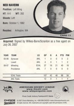 2007-08 Choice Wilkes-Barre/Scranton Penguins (AHL) #11 Ned Havern Back