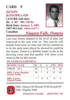 1999-00 JOGO Ottawa 67's (OHL) #9 Zenon Konopka Back