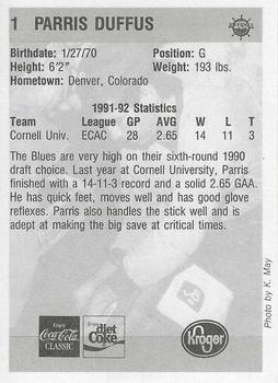 1992-93 Peoria Rivermen (IHL) #NNO Parris Duffus Back