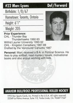 1992-93 Star Sports Cards Anaheim Bullfrogs (RHI) #NNO Marc Lyons Back