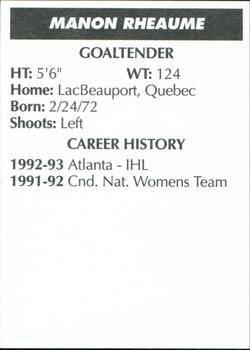 1993-94 Knoxville Cherokees (ECHL) #14 Manon Rheaume Back