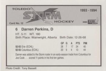1993-94 Toledo Storm (ECHL) #12 Darren Perkins Back
