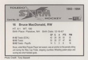 1993-94 Toledo Storm (ECHL) #20 Bruce MacDonald Back