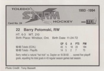 1993-94 Toledo Storm (ECHL) #24 Barry Potomski Back