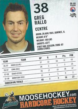 2008-09 Manitoba Moose (AHL) #NNO Greg Rallo Back