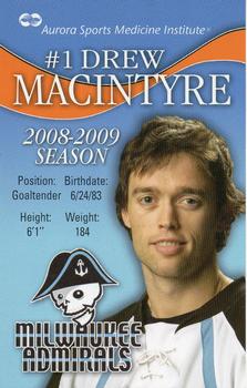 2008-09 Milwaukee Admirals (AHL) Postcards #9 Drew MacIntyre Front