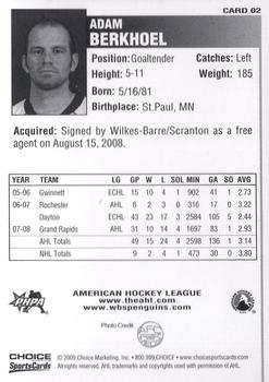 2008-09 Choice Wilkes-Barre/Scranton Penguins (AHL) #2 Adam Berkhoel Back