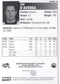 2008-09 Choice Wilkes-Barre/Scranton Penguins (AHL) #10 Jonathan D'Aversa Back