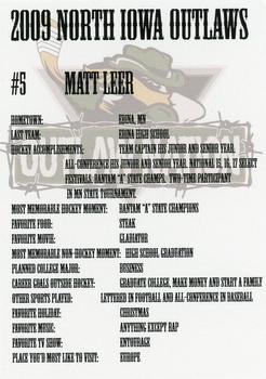 2008-09 North Iowa Outlaws (NAHL) #NNO Matt Leer Back