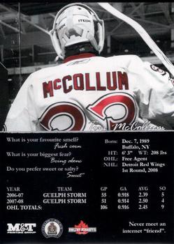 2008-09 M&T Printing Guelph Storm (OHL) #NNO Thomas McCollum Back