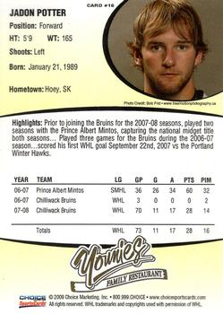 2008-09 Choice Chilliwack Bruins (WHL) #16 Jadon Potter Back