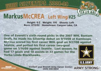 2008-09 Grandstand Everett Silvertips (WHL) #NNO Markus McCrea Back