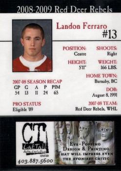 2008-09 Cat Tail Design and Printing Red Deer Rebels (WHL) #8 Landon Ferraro Back