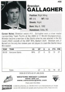 2008-09 Choice Vancouver Giants (WHL) #8 Brendan Gallagher Back