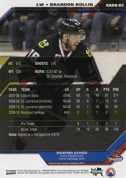 2010-11 Choice Rockford IceHogs (AHL) #02 Brandon Bollig Back
