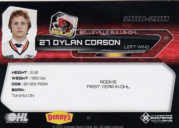 2010-11 Extreme Belleville Bulls (OHL) #19 Dylan Corson Back