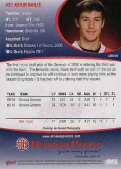 2010-11 Denny's Oshawa Generals (OHL) #1 Kevin Bailie Back