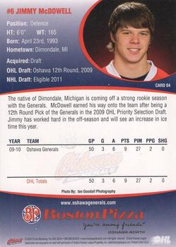 2010-11 Denny's Oshawa Generals (OHL) #4 Jimmy McDowell Back