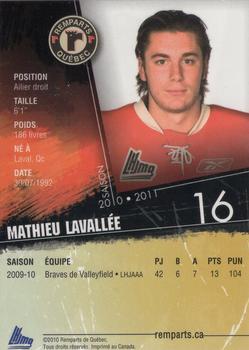 2010-11 Quebec Remparts (QMJHL) #NNO Mathieu Lavallee Back