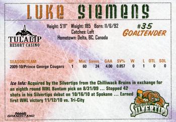 2010-11 Grandstand Everett Silvertips (WHL) #NNO Luke Siemens Back