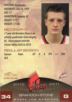 2010-11 Sobeys Moose Jaw Warriors (WHL) #21 Brandon Stone Back