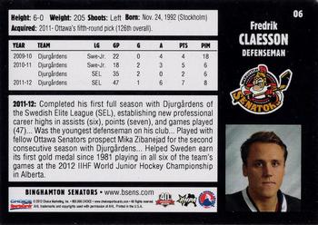 2012-13 Choice Binghamton Senators (AHL) #6 Fredrik Claesson Back