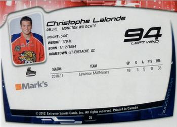 2011-12 Extreme Moncton Wildcats (QMJHL) #25 Christophe Lalonde Back