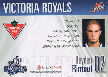2011-12 Black Press Victoria Royals (WHL) #8 Hayden Rintoul Back