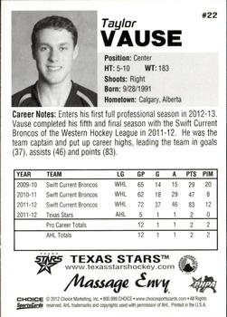 2012-13 Choice Texas Stars (AHL) #22 Taylor Vause Back