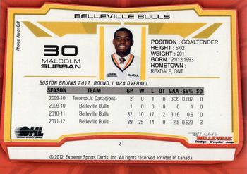 2012-13 Extreme Belleville Bulls (OHL) #2 Malcolm Subban Back
