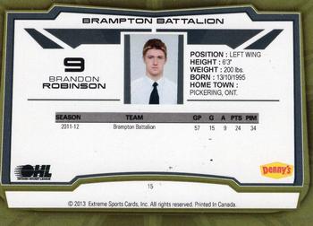 2012-13 Extreme Brampton Battalion (OHL) #15 Brandon Robinson Back