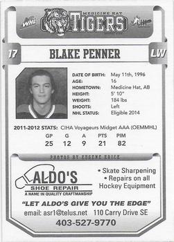 2012-13 Medicine Hat Tigers (WHL) #NNO Blake Penner Back