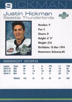 2012-13 Booster Club Seattle Thunderbirds (WHL) #8 Justin Hickman Back