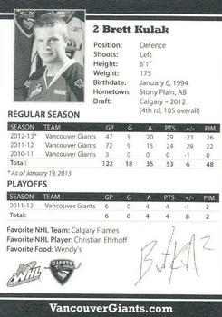 2012-13 Vancouver Giants (WHL) #NNO Brett Kulak Back