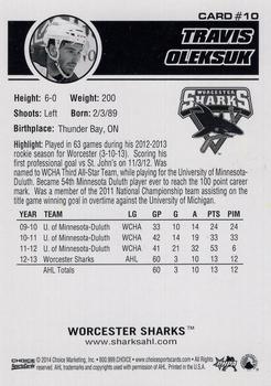 2013-14 Choice Worcester Sharks (AHL) #10 Travis Oleksuk Back