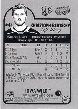 2016-17 Choice Iowa Wild (AHL) #03 Christoph Bertschy Back