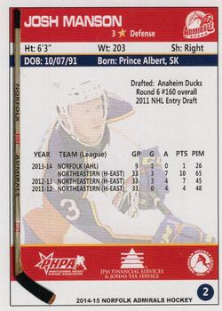 2014-15 Norfolk Admirals (AHL) #2 Josh Manson Back