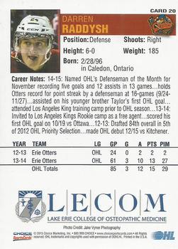 2014-15 Choice Erie Otters (OHL) #20 Darren Raddysh Back