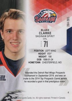 2014-15 Extreme Saginaw Spirit OHL #4 Blake Clarke Back