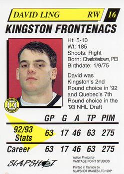 1993-94 Slapshot Kingston Frontenacs (OHL) #16 David Ling Back