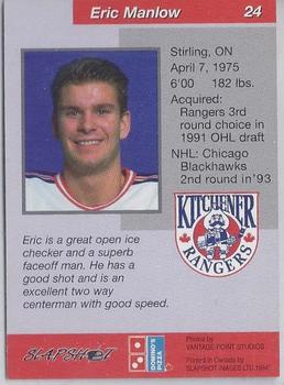 1993-94 Slapshot Kitchener Rangers (OHL) #24 Eric Manlow Back